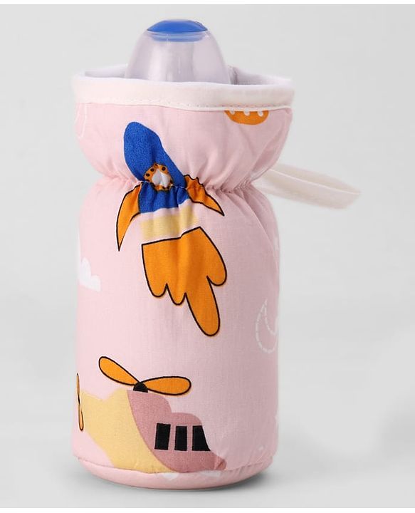 Babyhug Bottle Cover Large Transport Print - Peach| 0-24 Months| Fits Upto 280 ml Bottle| Soft Cotton Sleeve| Elastic Neck & Carry Loop| Machine Washable| for All Standard Bottles