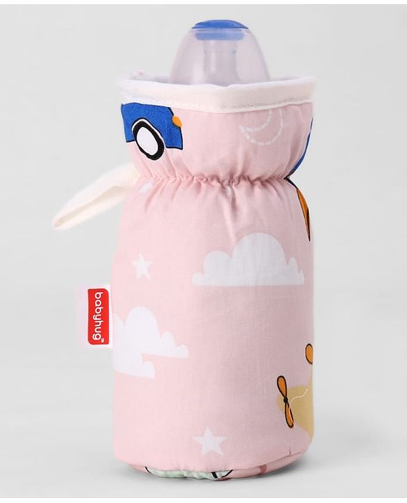 Babyhug Bottle Cover Large Transport Print - Peach| 0-24 Months| Fits Upto 280 ml Bottle| Soft Cotton Sleeve| Elastic Neck & Carry Loop| Machine Washable| for All Standard Bottles