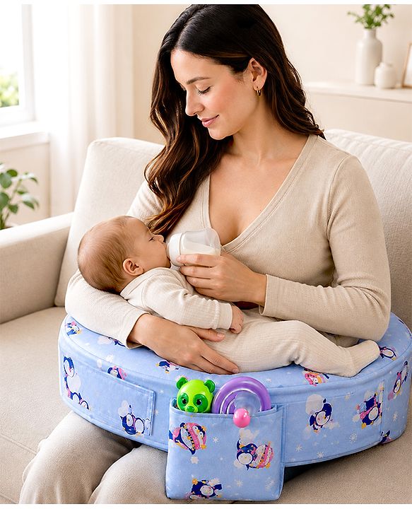 Babyhug Cotton Feeding Pillow With Belt Penguin Print - Blue | Fits upto waist size 36 inches