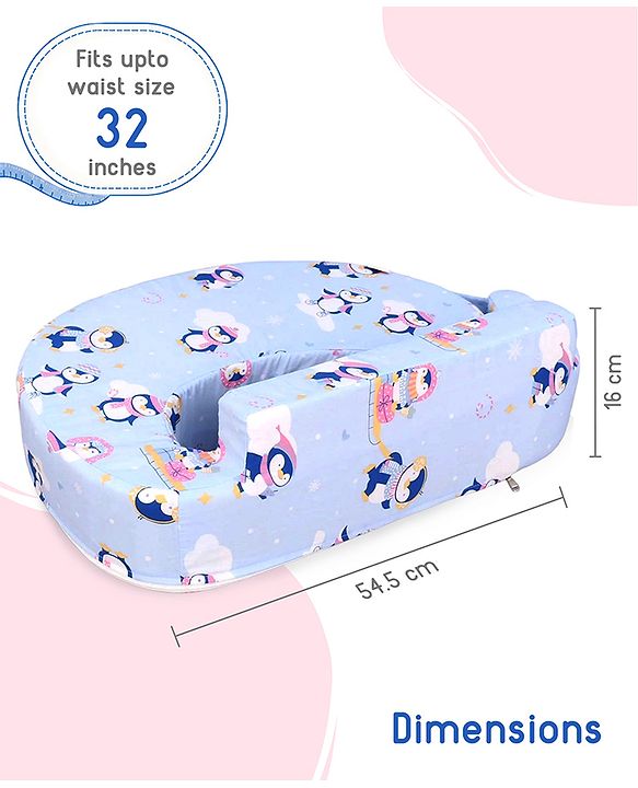 Babyhug Cotton Feeding Pillow With Belt Penguin Print - Blue | Fits upto waist size 36 inches