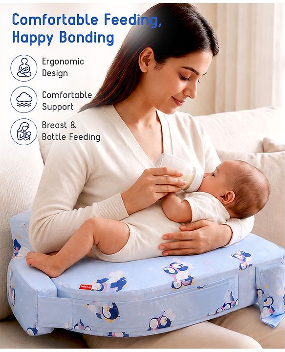 Babyhug Cotton Feeding Pillow With Belt Penguin Print - Blue | Fits upto waist size 36 inches