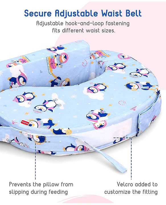 Babyhug Cotton Feeding Pillow With Belt Penguin Print - Blue | Fits upto waist size 36 inches