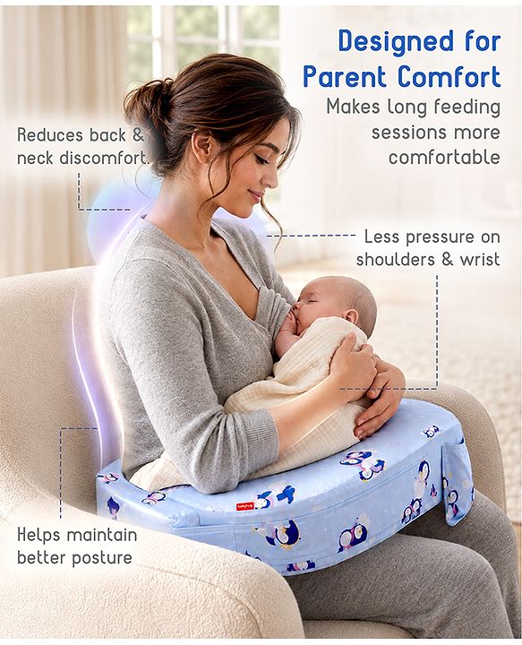 Babyhug Cotton Feeding Pillow With Belt Penguin Print - Blue | Fits upto waist size 36 inches