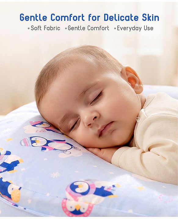 Babyhug Cotton Feeding Pillow With Belt Penguin Print - Blue | Fits upto waist size 36 inches