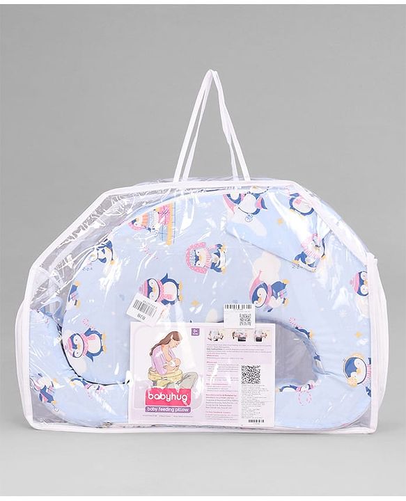 Babyhug Cotton Feeding Pillow With Belt Penguin Print - Blue | Fits upto waist size 36 inches