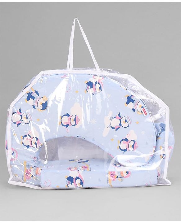 Babyhug Cotton Feeding Pillow With Belt Penguin Print - Blue | Fits upto waist size 36 inches