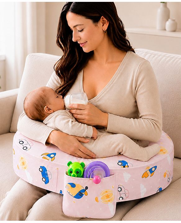Babyhug Cotton Feeding Pillow With Belt Transport Print - Peach | Fits upto waist size 36 inches