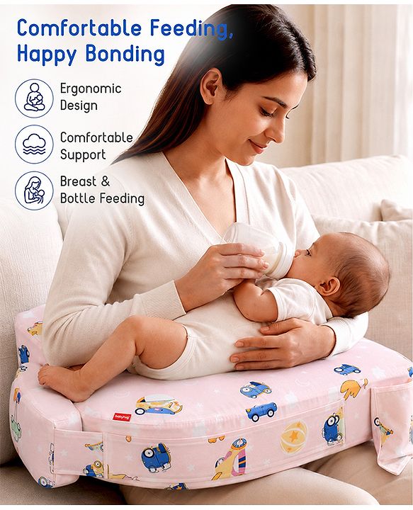 Babyhug Cotton Feeding Pillow With Belt Transport Print - Peach | Fits upto waist size 36 inches