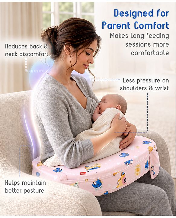 Babyhug Cotton Feeding Pillow With Belt Transport Print - Peach | Fits upto waist size 36 inches