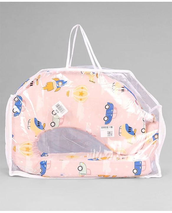 Babyhug Cotton Feeding Pillow With Belt Transport Print - Peach | Fits upto waist size 36 inches