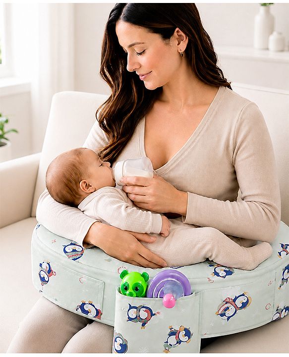 Babyhug Cotton Feeding Pillow With Belt Penguin Print - Green | Fits upto waist size 36 inches