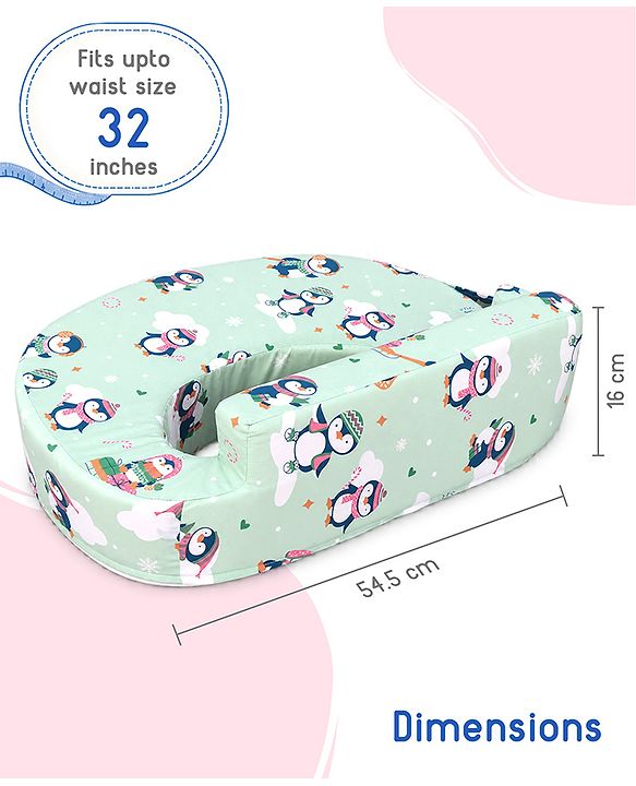 Babyhug Cotton Feeding Pillow With Belt Penguin Print - Green | Fits upto waist size 36 inches