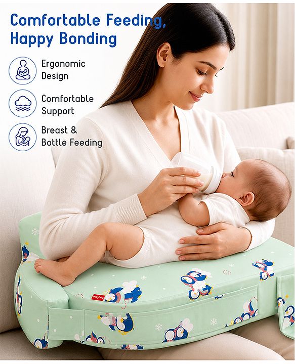 Babyhug Cotton Feeding Pillow With Belt Penguin Print - Green | Fits upto waist size 36 inches