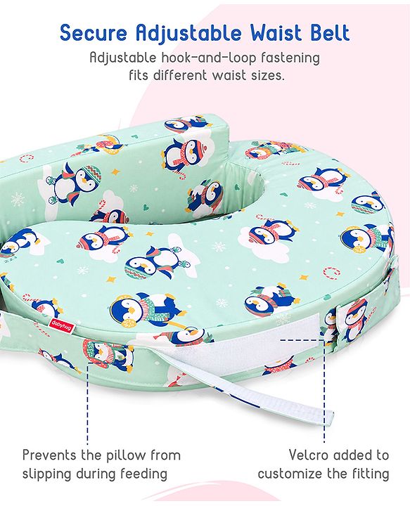Babyhug Cotton Feeding Pillow With Belt Penguin Print - Green | Fits upto waist size 36 inches