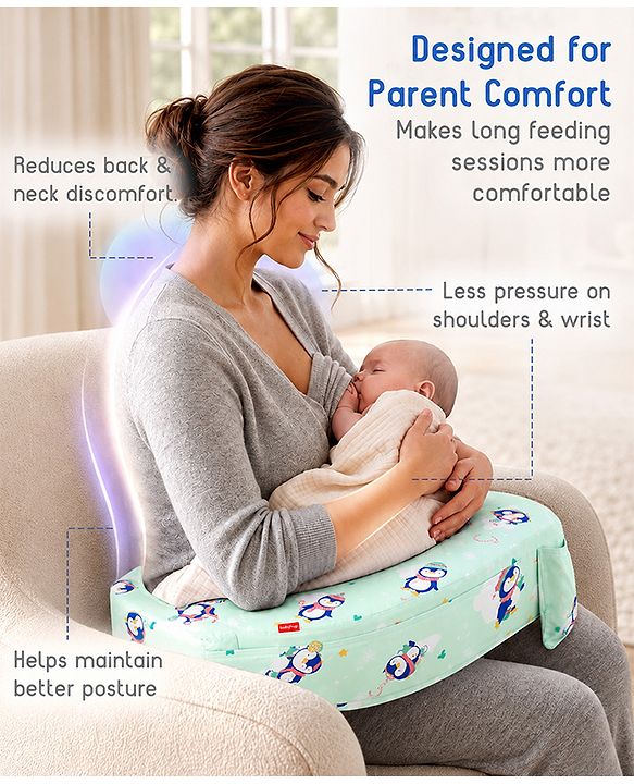 Babyhug Cotton Feeding Pillow With Belt Penguin Print - Green | Fits upto waist size 36 inches