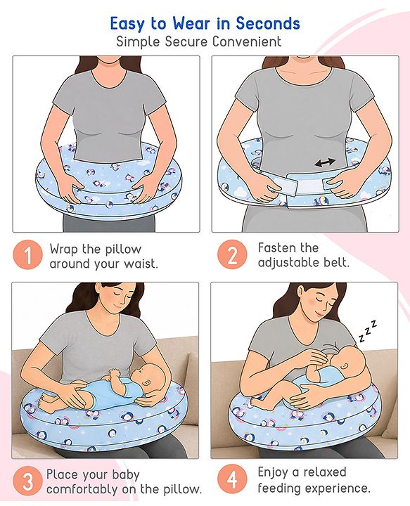 Babyhug Cotton Feeding Pillow With Belt Penguin Print - Green | Fits upto waist size 36 inches