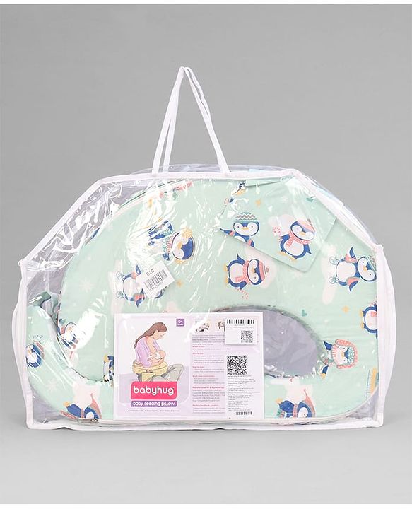 Babyhug Cotton Feeding Pillow With Belt Penguin Print - Green | Fits upto waist size 36 inches
