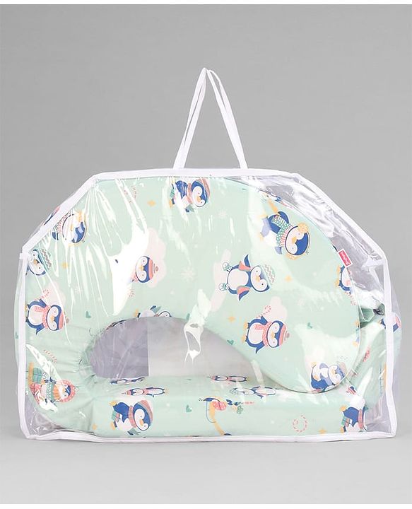 Babyhug Cotton Feeding Pillow With Belt Penguin Print - Green | Fits upto waist size 36 inches