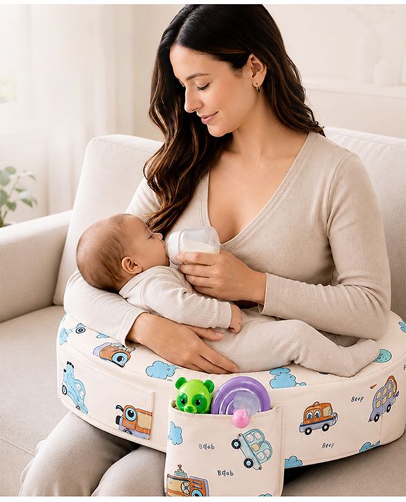 Babyhug Cotton Feeding Pillow With Belt Penguin Print - Green | Fits upto waist size 36 inches