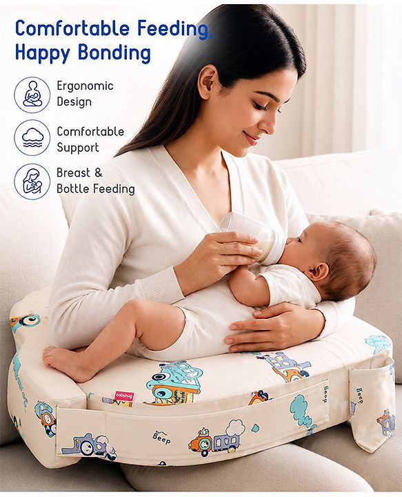Babyhug Cotton Feeding Pillow With Belt Penguin Print - Green | Fits upto waist size 36 inches