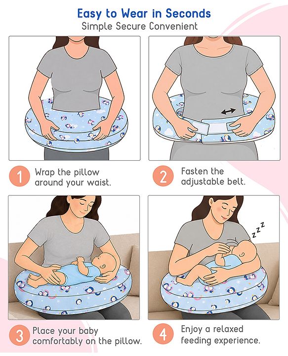 Babyhug Cotton Feeding Pillow With Belt Penguin Print - Green | Fits upto waist size 36 inches