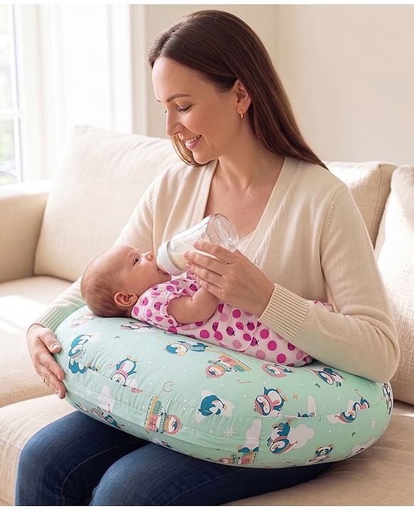 Babyhug 100% Cotton Feeding Pillow - Penguin Print - Green|Fits upto waist size 36 inches| Soft Support Cushion| For Breastfeeding| Removable Washable Cover| Full Body Support| Helps Maintain Posture