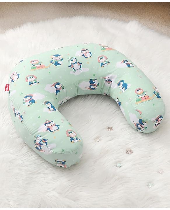 Babyhug 100% Cotton Feeding Pillow - Penguin Print - Green|Fits upto waist size 36 inches| Soft Support Cushion| For Breastfeeding| Removable Washable Cover| Full Body Support| Helps Maintain Posture