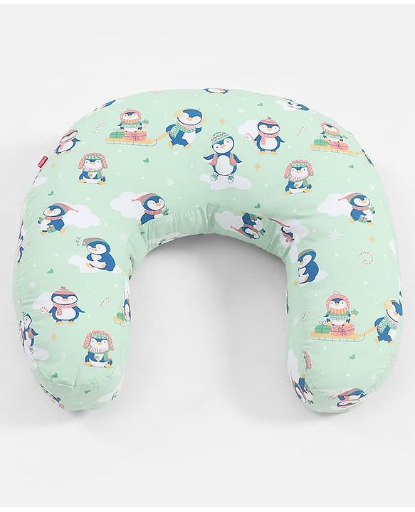 Babyhug 100% Cotton Feeding Pillow - Penguin Print - Green|Fits upto waist size 36 inches| Soft Support Cushion| For Breastfeeding| Removable Washable Cover| Full Body Support| Helps Maintain Posture