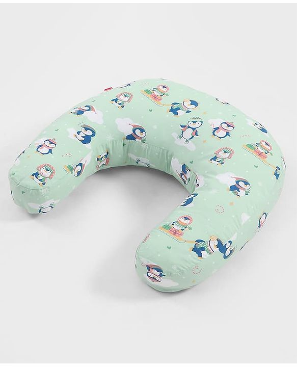 Babyhug 100% Cotton Feeding Pillow - Penguin Print - Green|Fits upto waist size 36 inches| Soft Support Cushion| For Breastfeeding| Removable Washable Cover| Full Body Support| Helps Maintain Posture