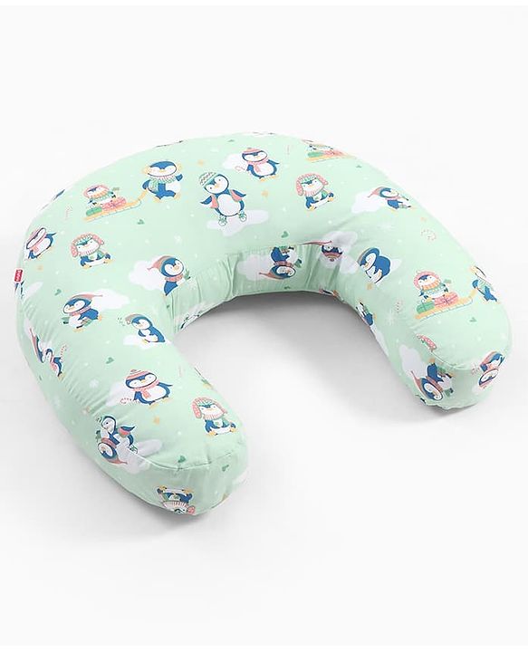 Babyhug 100% Cotton Feeding Pillow - Penguin Print - Green|Fits upto waist size 36 inches| Soft Support Cushion| For Breastfeeding| Removable Washable Cover| Full Body Support| Helps Maintain Posture
