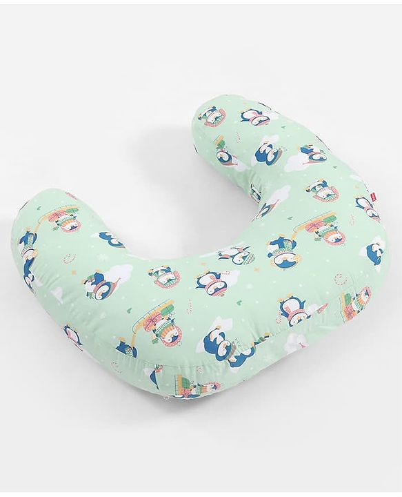 Babyhug 100% Cotton Feeding Pillow - Penguin Print - Green|Fits upto waist size 36 inches| Soft Support Cushion| For Breastfeeding| Removable Washable Cover| Full Body Support| Helps Maintain Posture