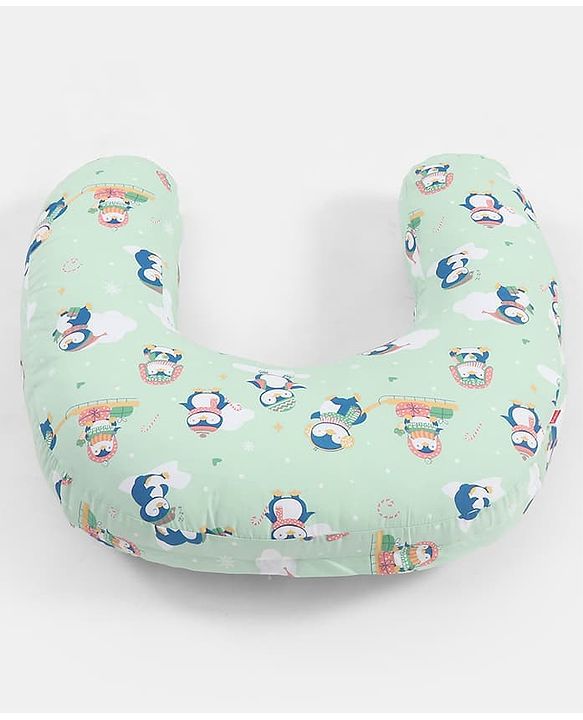 Babyhug 100% Cotton Feeding Pillow - Penguin Print - Green|Fits upto waist size 36 inches| Soft Support Cushion| For Breastfeeding| Removable Washable Cover| Full Body Support| Helps Maintain Posture