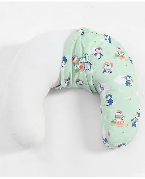 Babyhug 100% Cotton Feeding Pillow - Penguin Print - Green|Fits upto waist size 36 inches| Soft Support Cushion| For Breastfeeding| Removable Washable Cover| Full Body Support| Helps Maintain Posture
