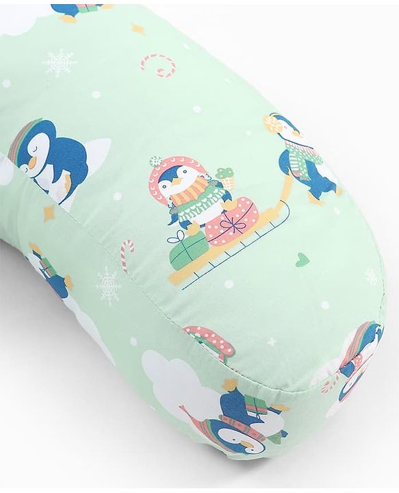 Babyhug 100% Cotton Feeding Pillow - Penguin Print - Green|Fits upto waist size 36 inches| Soft Support Cushion| For Breastfeeding| Removable Washable Cover| Full Body Support| Helps Maintain Posture