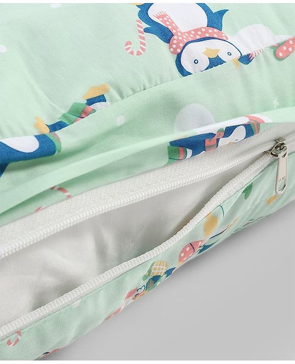 Babyhug 100% Cotton Feeding Pillow - Penguin Print - Green|Fits upto waist size 36 inches| Soft Support Cushion| For Breastfeeding| Removable Washable Cover| Full Body Support| Helps Maintain Posture