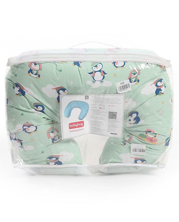 Babyhug 100% Cotton Feeding Pillow - Penguin Print - Green|Fits upto waist size 36 inches| Soft Support Cushion| For Breastfeeding| Removable Washable Cover| Full Body Support| Helps Maintain Posture