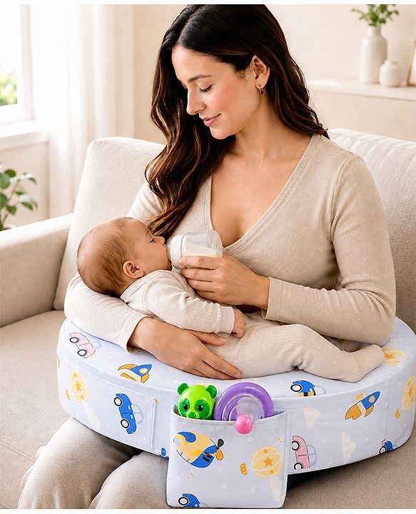Babyhug Cotton Feeding Pillow With Belt Transport Print - Blue | Fits upto waist size 36 inches