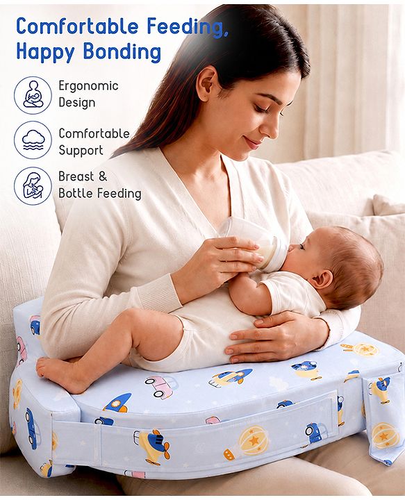 Babyhug Cotton Feeding Pillow With Belt Transport Print - Blue | Fits upto waist size 36 inches
