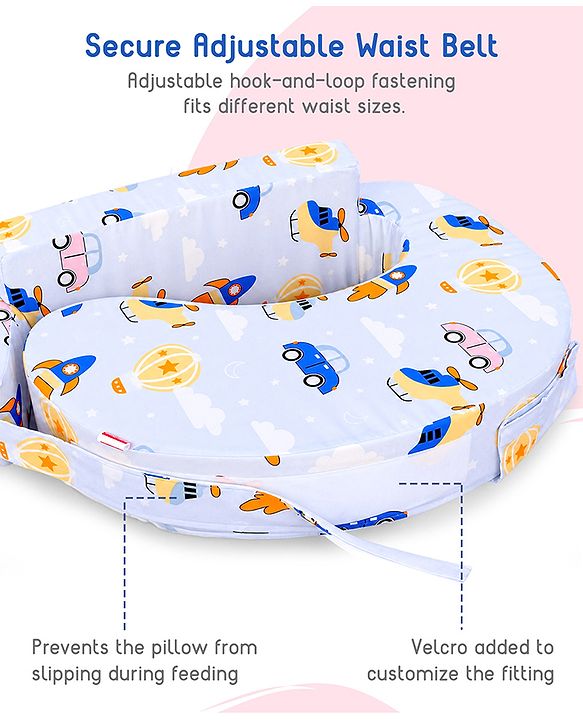 Babyhug Cotton Feeding Pillow With Belt Transport Print - Blue | Fits upto waist size 36 inches
