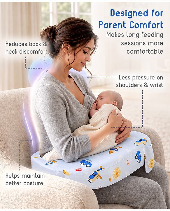 Babyhug Cotton Feeding Pillow With Belt Transport Print - Blue | Fits upto waist size 36 inches
