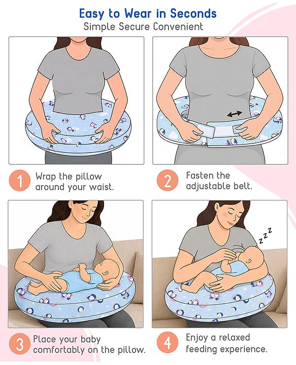 Babyhug Cotton Feeding Pillow With Belt Transport Print - Blue | Fits upto waist size 36 inches