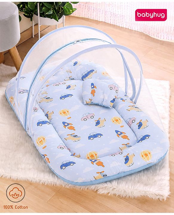 Babyhug Premium 100% Cotton Mattress Set with Mosquito Net & Pillow  Transport Print Blue| Soft Cushioned Bedding | 0-12 Months| New Born Essential| Easy Zipper Closure| Foldable & Travel-Friendly