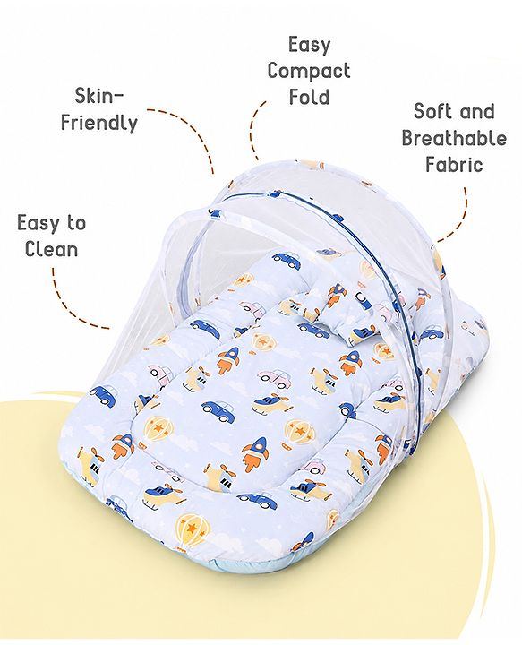 Babyhug Premium 100% Cotton Mattress Set with Mosquito Net & Pillow  Transport Print Blue| Soft Cushioned Bedding | 0-12 Months| New Born Essential| Easy Zipper Closure| Foldable & Travel-Friendly