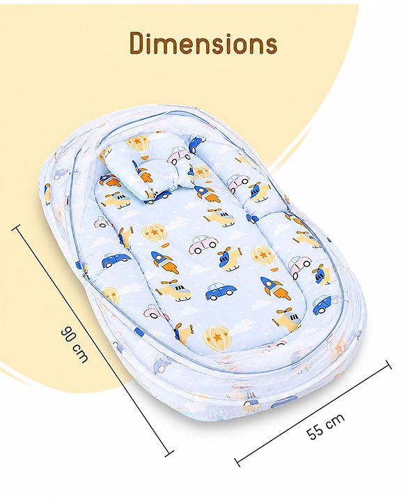 Babyhug Premium 100% Cotton Mattress Set with Mosquito Net & Pillow  Transport Print Blue| Soft Cushioned Bedding | 0-12 Months| New Born Essential| Easy Zipper Closure| Foldable & Travel-Friendly