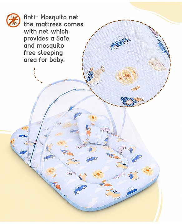Babyhug Premium 100% Cotton Mattress Set with Mosquito Net & Pillow  Transport Print Blue| Soft Cushioned Bedding | 0-12 Months| New Born Essential| Easy Zipper Closure| Foldable & Travel-Friendly