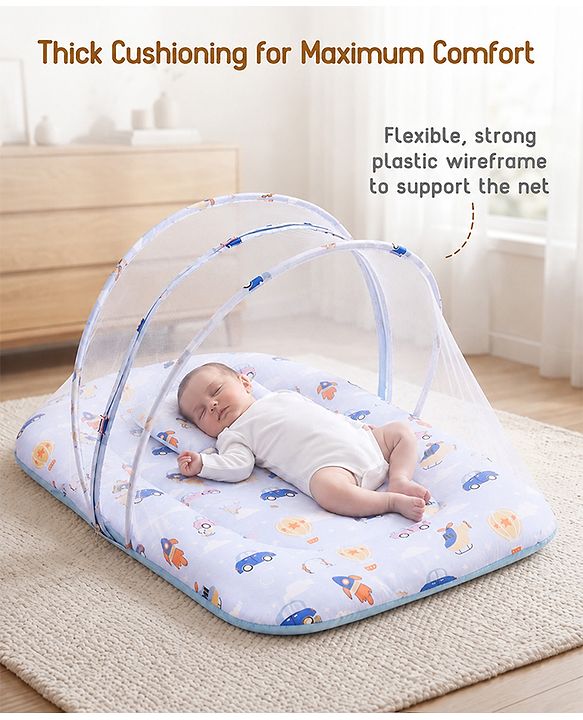 Babyhug Premium 100% Cotton Mattress Set with Mosquito Net & Pillow  Transport Print Blue| Soft Cushioned Bedding | 0-12 Months| New Born Essential| Easy Zipper Closure| Foldable & Travel-Friendly