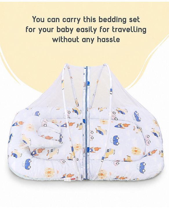 Babyhug Premium 100% Cotton Mattress Set with Mosquito Net & Pillow  Transport Print Blue| Soft Cushioned Bedding | 0-12 Months| New Born Essential| Easy Zipper Closure| Foldable & Travel-Friendly