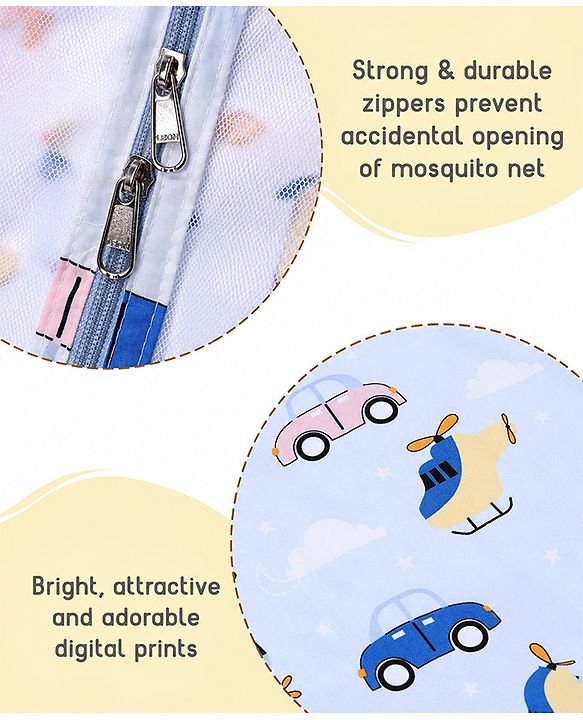 Babyhug Premium 100% Cotton Mattress Set with Mosquito Net & Pillow  Transport Print Blue| Soft Cushioned Bedding | 0-12 Months| New Born Essential| Easy Zipper Closure| Foldable & Travel-Friendly