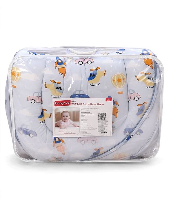 Babyhug Premium 100% Cotton Mattress Set with Mosquito Net & Pillow  Transport Print Blue| Soft Cushioned Bedding | 0-12 Months| New Born Essential| Easy Zipper Closure| Foldable & Travel-Friendly