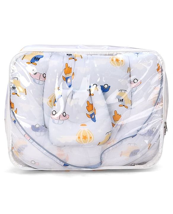 Babyhug Premium 100% Cotton Mattress Set with Mosquito Net & Pillow  Transport Print Blue| Soft Cushioned Bedding | 0-12 Months| New Born Essential| Easy Zipper Closure| Foldable & Travel-Friendly